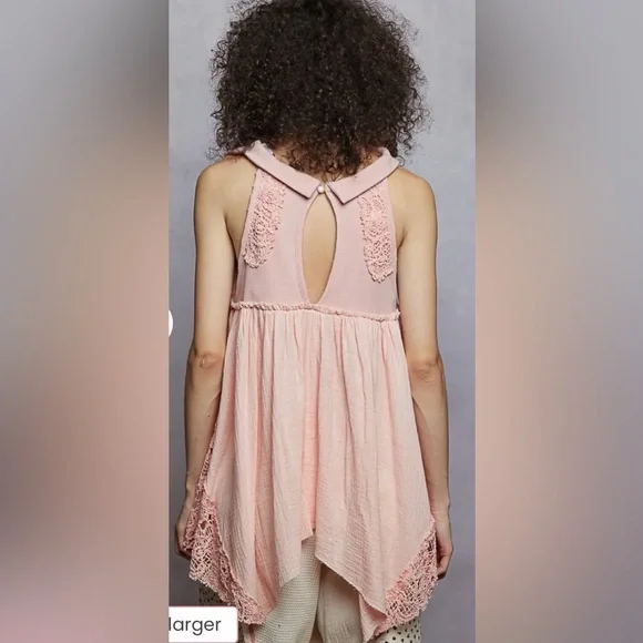 POL Pink Lace-Trim Sleeveless Crochet V-Neck Tank - Picture 2 of 2